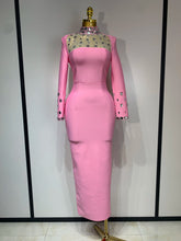 New Arrival 2025 Luxury Birthday Dresses Diamond Long Sleeve Pink Bodycon Bandage Dress Women Wedding Evening Prom Gowns